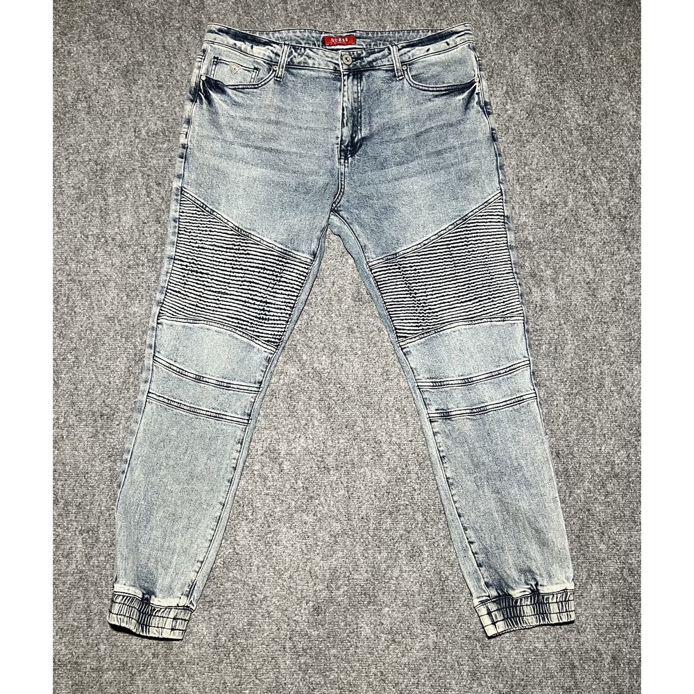 Guess Los Angeles Medium Wash Blue Denim Joggers‎ Black Leg Stripe Men Sz 36x30